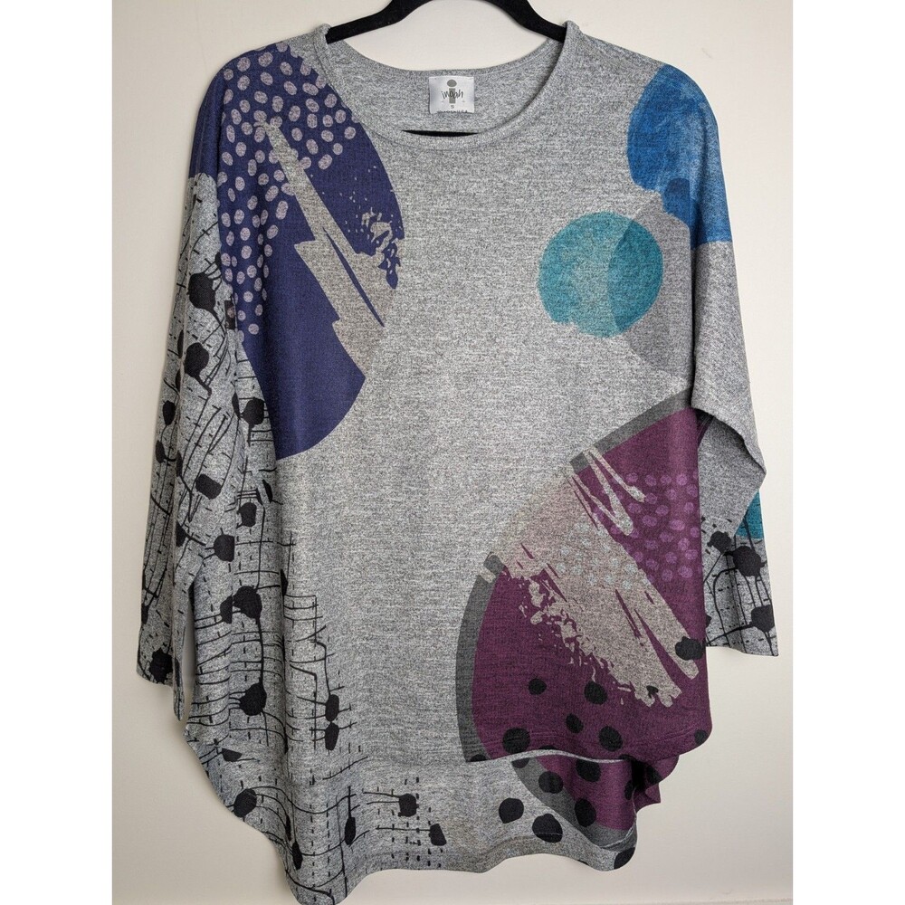 Inoah Sorbet Dolman Pullover Top Womens Gray Abstract Art To Wear Hi-Lo Hem Sz S